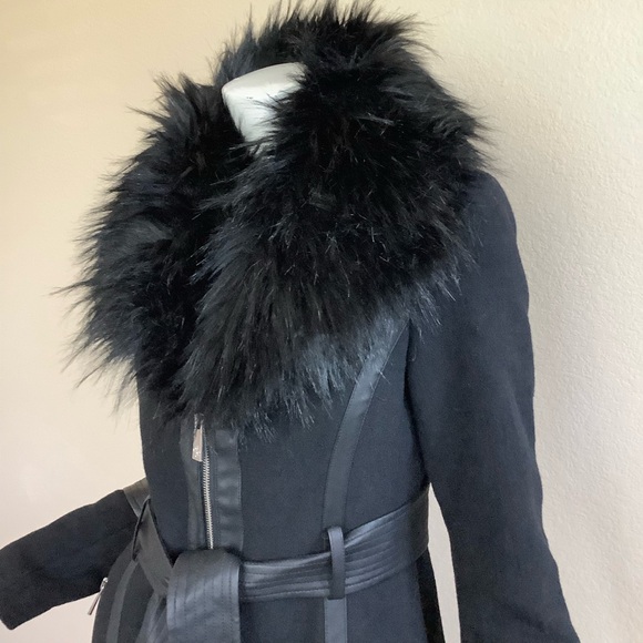 Guess Black Faux Fur Trimmed Wool Coat - Picture 4 of 16